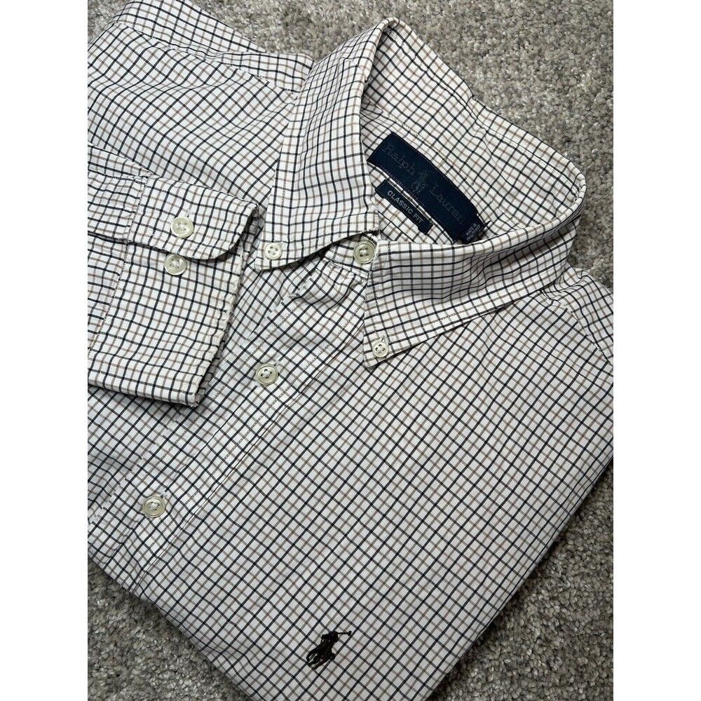 Ralph Lauren Men's Cotton Shirt Size Large Check Tan Black Button Long S…